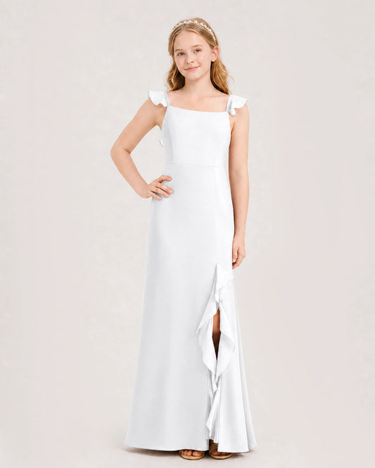 White Chiffon Ruffled Slit Junior Bridesmaid Dresses Front View