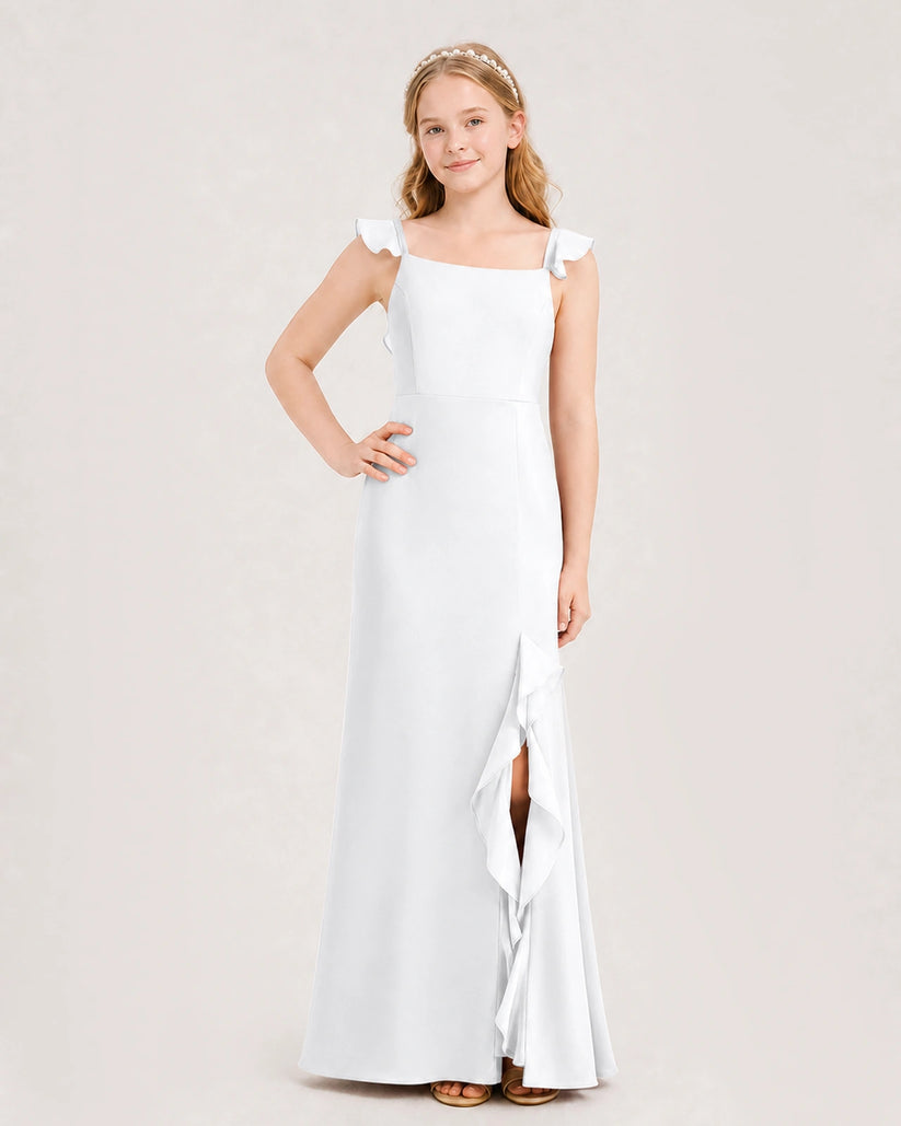 White Chiffon Ruffled Slit Junior Bridesmaid Dresses Front View