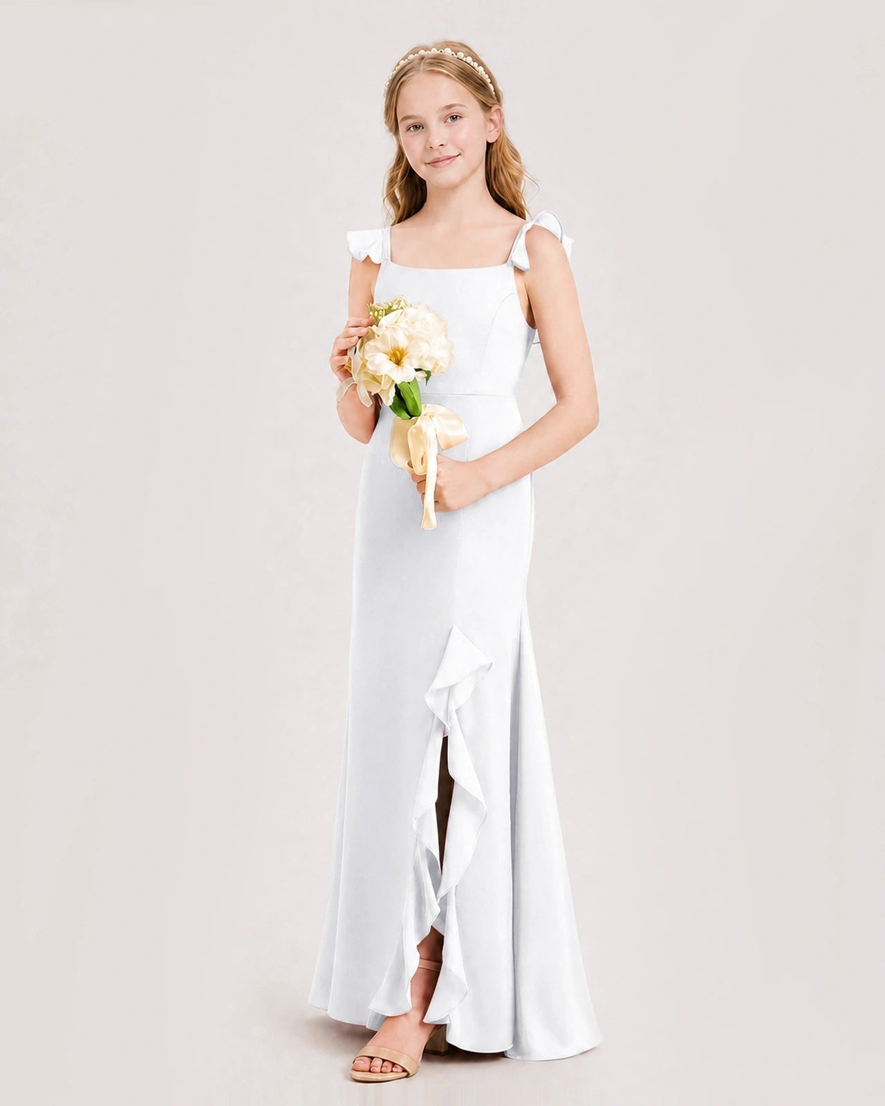 White Chiffon Ruffled Split Junior Bridesmaid Dresses Side View