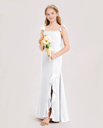 White Chiffon Ruffled Split Junior Bridesmaid Dresses Side View