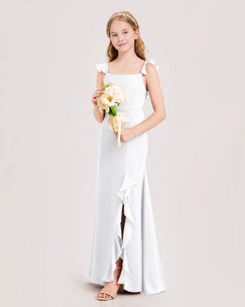 White Chiffon Ruffled Split Junior Bridesmaid Dresses Side View