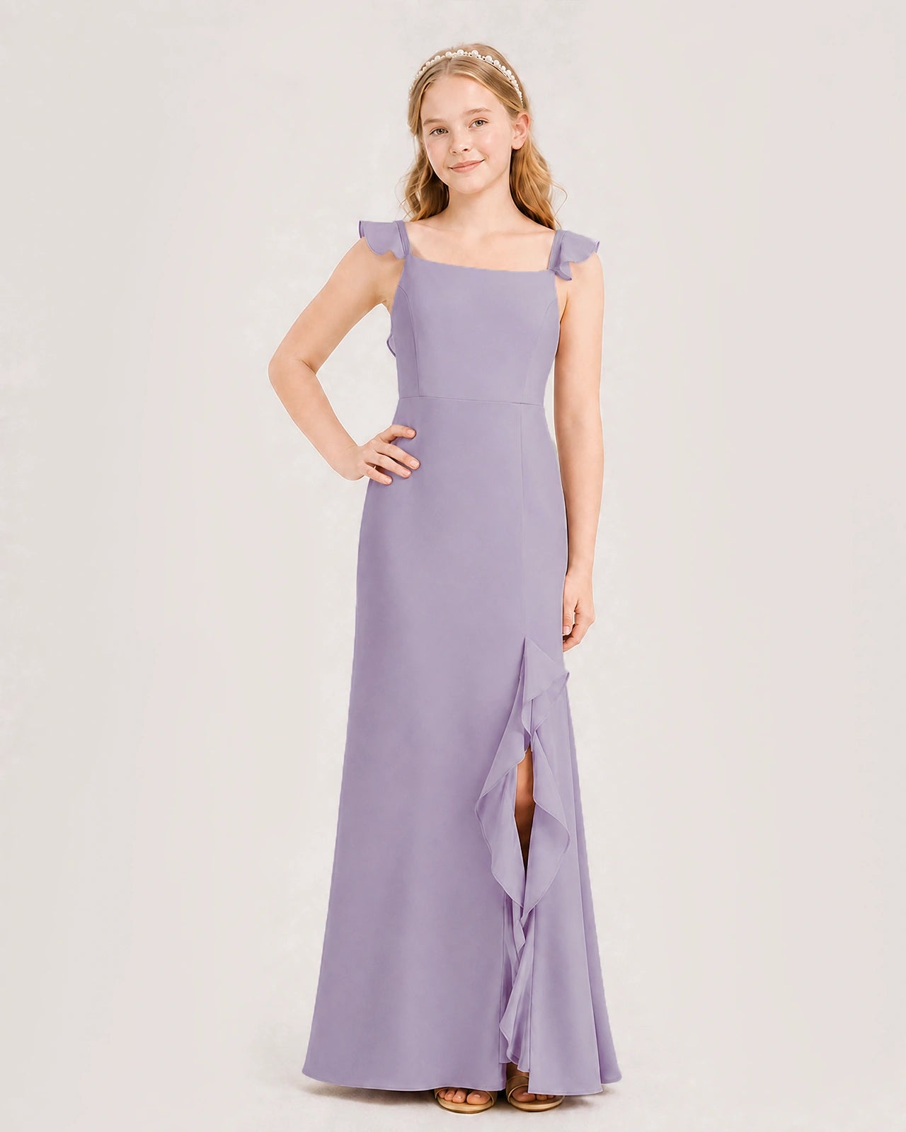 Wisteria Chiffon Ruffle-Strap Junior Bridesmaid Dress Front View