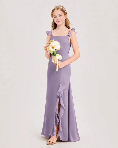 Wisteria Chiffon Ruffle Split Junior Bridesmaid Dresses Side View