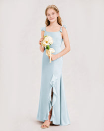 Light Blue Junior Bridesmaid Dress Flutter Sleeve Ruffle Side Slit Floor-Length A-Line Gown Front Full View