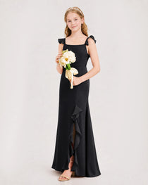 Black Junior Bridesmaid Dress Flutter Sleeve Ruffle Side Slit Floor-Length A-Line Gown Front Full View