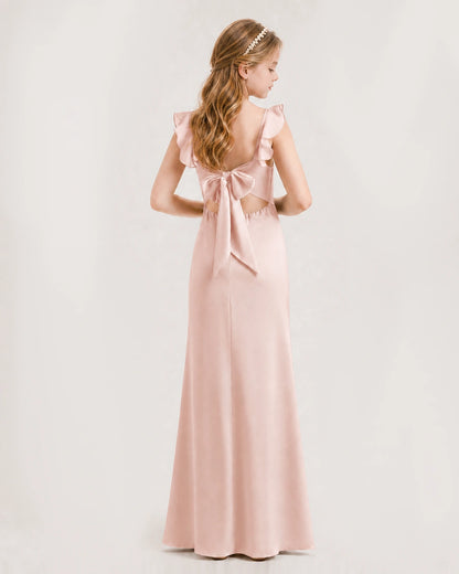 Blush Pink Junior Bridesmaid Dress Flutter Sleeve Ruffle Side Slit Floor-Length A-Line Gown Back Full View
