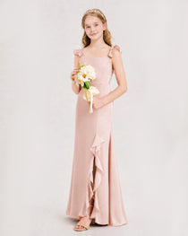 Blush Pink Junior Bridesmaid Dress Flutter Sleeve Ruffle Side Slit Floor-Length A-Line Gown Front Full View