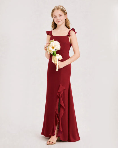 Burgundy Junior Bridesmaid Dress Flutter Sleeve Ruffle Side Slit Floor-Length A-Line Gown Front Full View