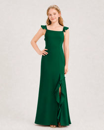 Dark Green Junior Bridesmaid Dress Flutter Sleeve Ruffle Side Slit Floor-Length A-Line Gown Front Full View