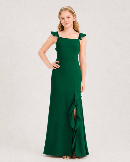 Dark Green Junior Bridesmaid Dress Flutter Sleeve Ruffle Side Slit Floor-Length A-Line Gown Front Full View