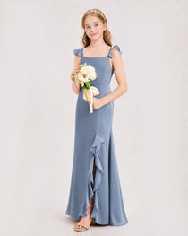 Dusty Blue Junior Bridesmaid Dress Flutter Sleeve Ruffle Side Slit Floor-Length A-Line Gown Front Full View