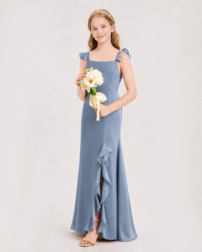 Dusty Blue Junior Bridesmaid Dress Flutter Sleeve Ruffle Side Slit Floor-Length A-Line Gown Front Full View