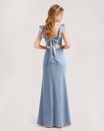 Dusty Blue Junior Bridesmaid Dress Flutter Sleeve Ruffle Side Slit Floor-Length A-Line Gown Back Full View
