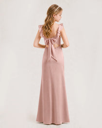 Dusty Rose Junior Bridesmaid Dress Flutter Sleeve Ruffle Side Slit Floor-Length A-Line Gown Back Full View