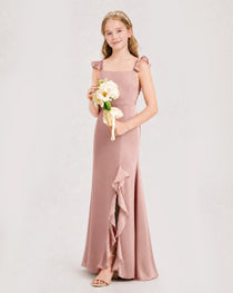 Dusty Rose Junior Bridesmaid Dress Flutter Sleeve Ruffle Side Slit Floor-Length A-Line Gown Front Full View