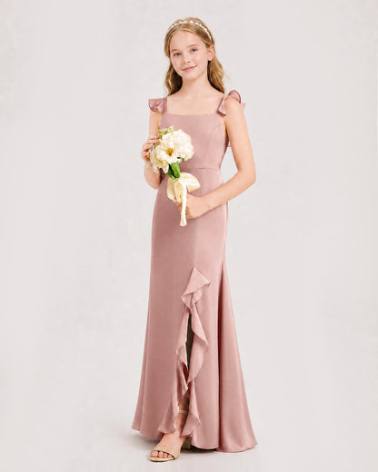 Dusty Rose Junior Bridesmaid Dress Flutter Sleeve Ruffle Side Slit Floor-Length A-Line Gown Front Full View