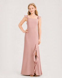 Dusty Rose Junior Bridesmaid Dress Flutter Sleeve Ruffle Side Slit Floor-Length A-Line Gown Front Full View