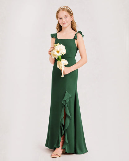 Emerald GreenJunior Bridesmaid Dress Flutter Sleeve Ruffle Side Slit Floor-Length A-Line Gown Front Full View