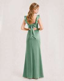 Eucalyptus Junior Bridesmaid Dress Flutter Sleeve Ruffle Side Slit Floor-Length A-Line Gown Back Full View