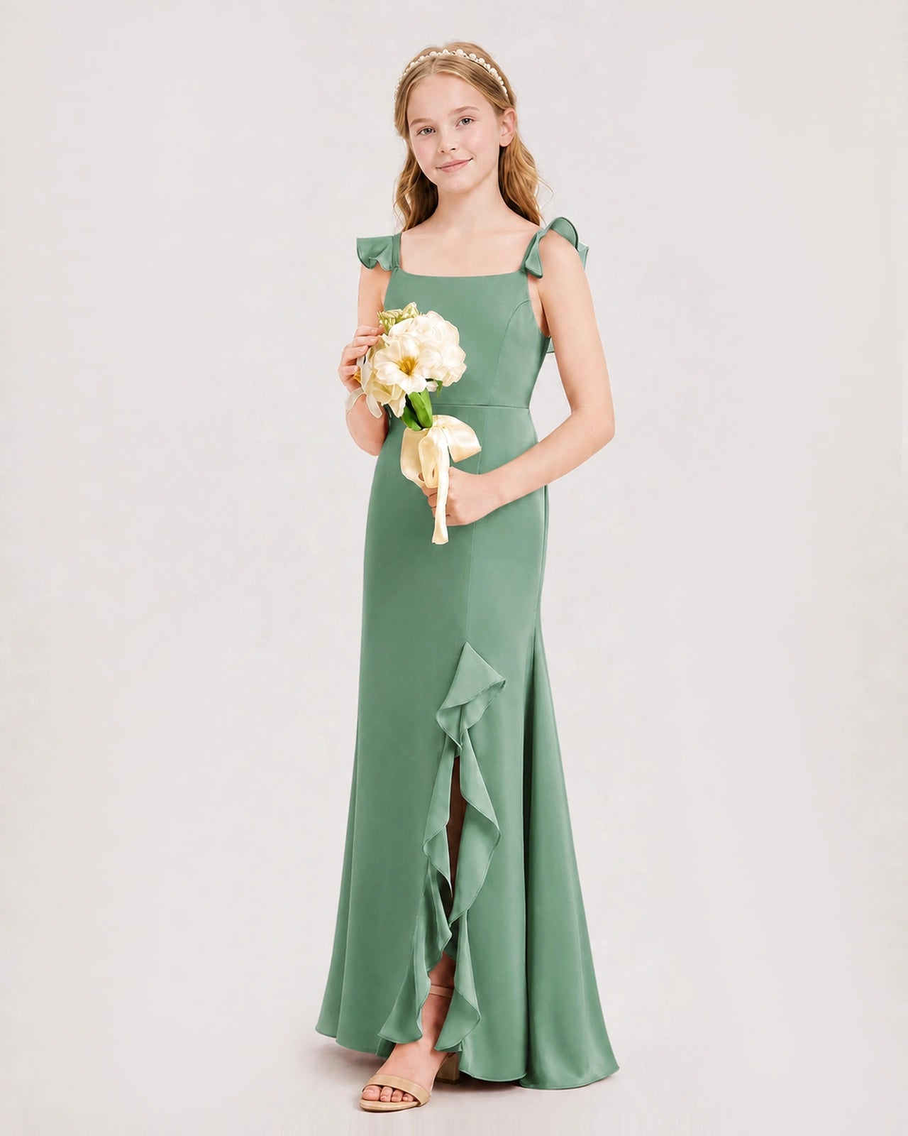 Eucalyptus Junior Bridesmaid Dress Flutter Sleeve Ruffle Side Slit Floor-Length A-Line Gown Front Full View