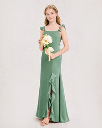 Eucalyptus Junior Bridesmaid Dress Flutter Sleeve Ruffle Side Slit Floor-Length A-Line Gown Front Full View