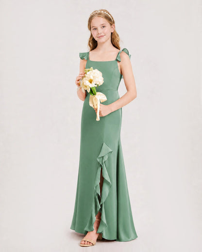 Eucalyptus Junior Bridesmaid Dress Flutter Sleeve Ruffle Side Slit Floor-Length A-Line Gown Front Full View