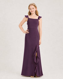 Grape Junior Bridesmaid Dress Flutter Sleeve Ruffle Side Slit Floor-Length A-Line Gown Front Full View