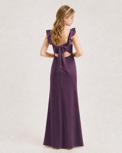 Grape Junior Bridesmaid Dress Flutter Sleeve Ruffle Side Slit Floor-Length A-Line Gown Back Full View