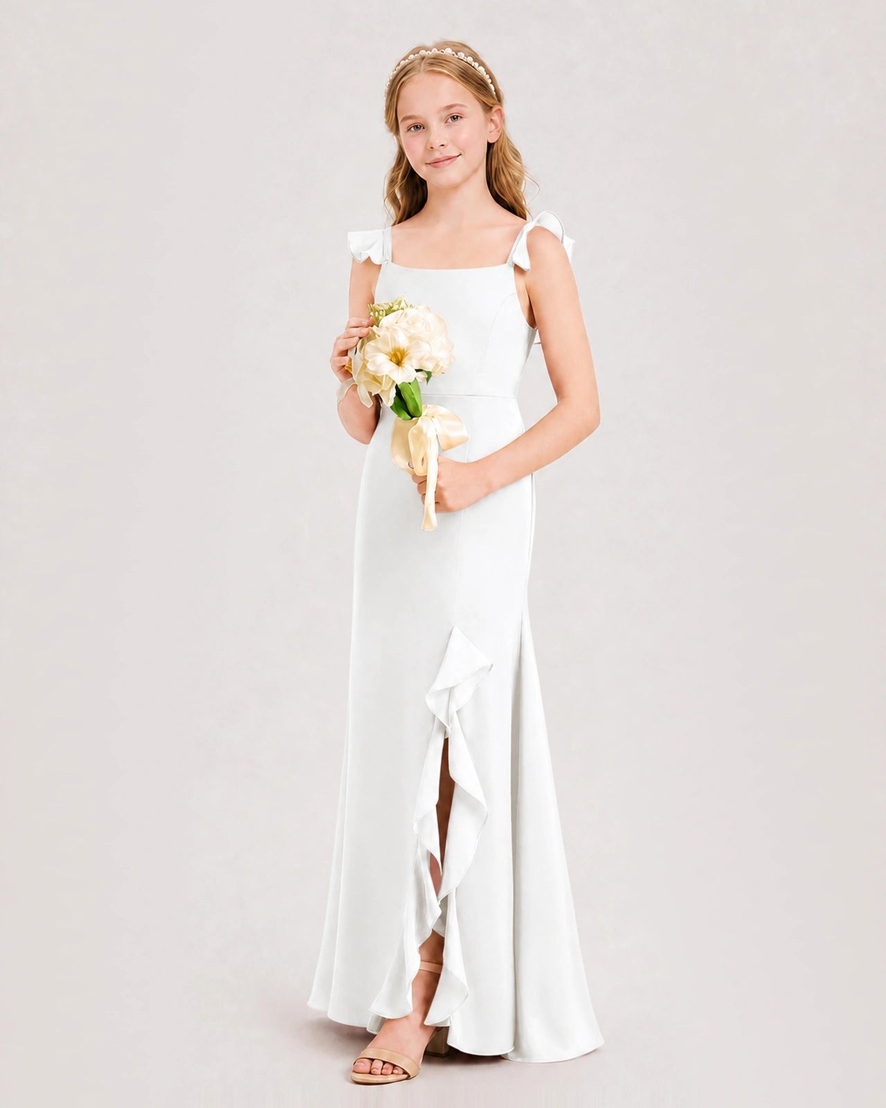 Ivory Junior Bridesmaid Dress Flutter Sleeve Ruffle Side Slit Floor-Length A-Line Gown Front Full View