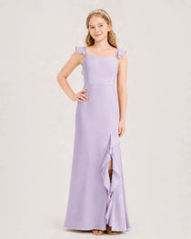 Lavender Junior Bridesmaid Dress Flutter Sleeve Ruffle Side Slit Floor-Length A-Line Gown Front Full View