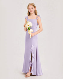 Lavender Junior Bridesmaid Dress Flutter Sleeve Ruffle Side Slit Floor-Length A-Line Gown Front Full View