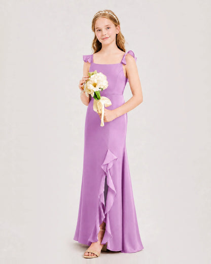 Lilac Junior Bridesmaid Dress Flutter Sleeve Ruffle Side Slit Floor-Length A-Line Gown Front Full View