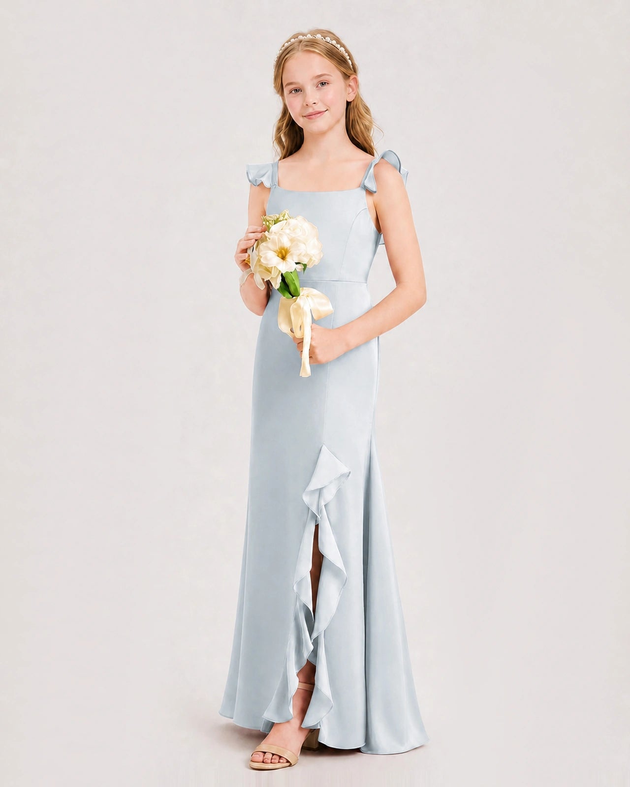 Mist Junior Bridesmaid Dress Flutter Sleeve Ruffle Side Slit Floor-Length A-Line Gown Front Full View