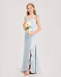 Mist Junior Bridesmaid Dress Flutter Sleeve Ruffle Side Slit Floor-Length A-Line Gown Front Full View