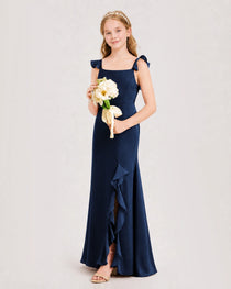 Navy Blue Junior Bridesmaid Dress Flutter Sleeve Ruffle Side Slit Floor-Length A-Line Gown Front Full View