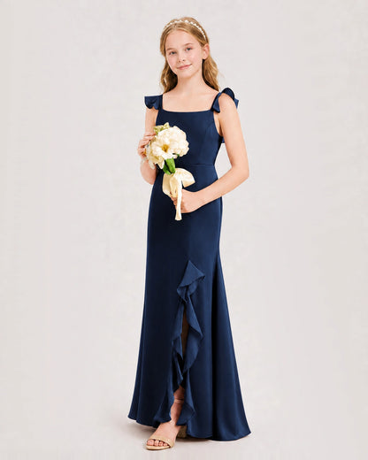 Navy Blue Junior Bridesmaid Dress Flutter Sleeve Ruffle Side Slit Floor-Length A-Line Gown Front Full View