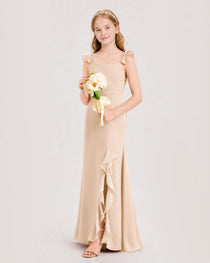 Peach Junior Bridesmaid Dress Flutter Sleeve Ruffle Side Slit Floor-Length A-Line Gown Front Full View