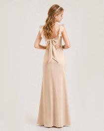 Peach Junior Bridesmaid Dress Flutter Sleeve Ruffle Side Slit Floor-Length A-Line Gown Back Full View