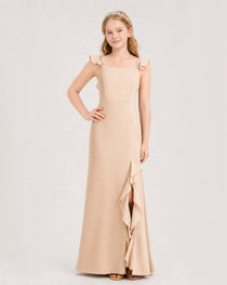 Peach Junior Bridesmaid Dress Flutter Sleeve Ruffle Side Slit Floor-Length A-Line Gown Front Full View