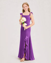 Purple Junior Bridesmaid Dress Flutter Sleeve Ruffle Side Slit Floor-Length A-Line Gown Front Full View