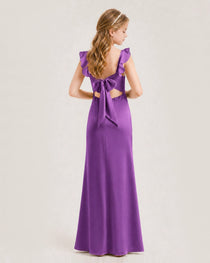 Purple Junior Bridesmaid Dress Flutter Sleeve Ruffle Side Slit Floor-Length A-Line Gown Back Full View