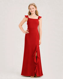 Red Junior Bridesmaid Dress Flutter Sleeve Ruffle Side Slit Floor-Length A-Line Gown Front Full View