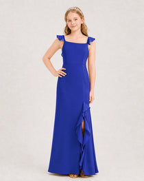 Royal Blue Junior Bridesmaid Dress Flutter Sleeve Ruffle Side Slit Floor-Length A-Line Gown Front Full View
