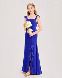 Royal Blue Junior Bridesmaid Dress Flutter Sleeve Ruffle Side Slit Floor-Length A-Line Gown Front Full View