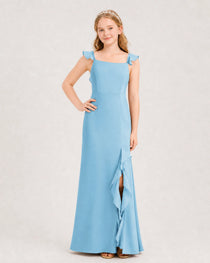 Sky Blue Junior Bridesmaid Dress Flutter Sleeve Ruffle Side Slit Floor-Length A-Line Gown Front Full View