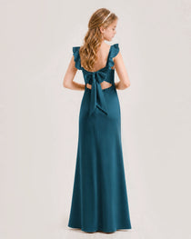 Teal Junior Bridesmaid Dress Flutter Sleeve Ruffle Side Slit Floor-Length A-Line Gown Back Full View