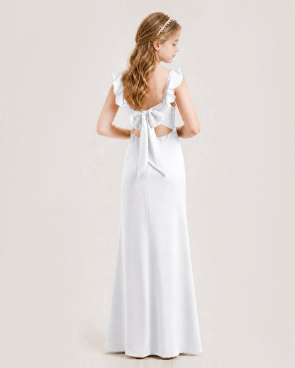 White Junior Bridesmaid Dress Flutter Sleeve Ruffle Side Slit Floor-Length A-Line Gown Back Full View