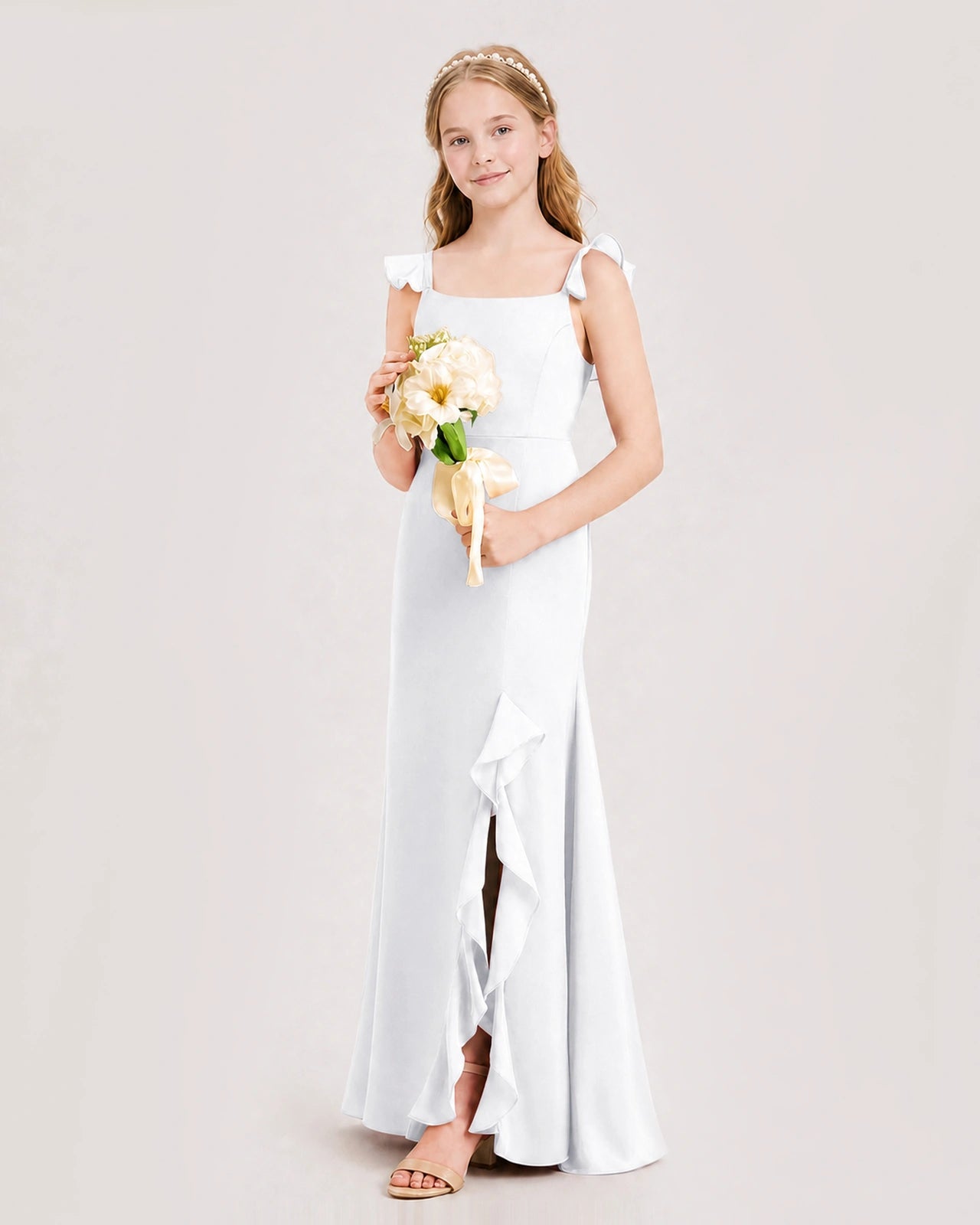 White Junior Bridesmaid Dress Flutter Sleeve Ruffle Side Slit Floor-Length A-Line Gown Front Full View