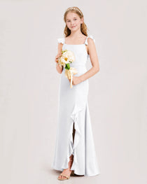 White Junior Bridesmaid Dress Flutter Sleeve Ruffle Side Slit Floor-Length A-Line Gown Front Full View