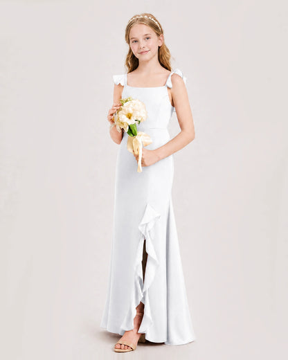 White Junior Bridesmaid Dress Flutter Sleeve Ruffle Side Slit Floor-Length A-Line Gown Front Full View